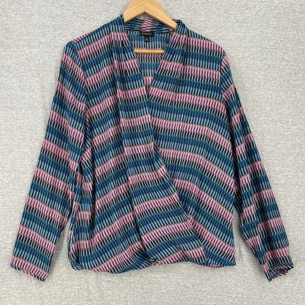 Talbots Blouse Womens 12 Blue Pink Striped Long Sleeve Faux Wrap Top
